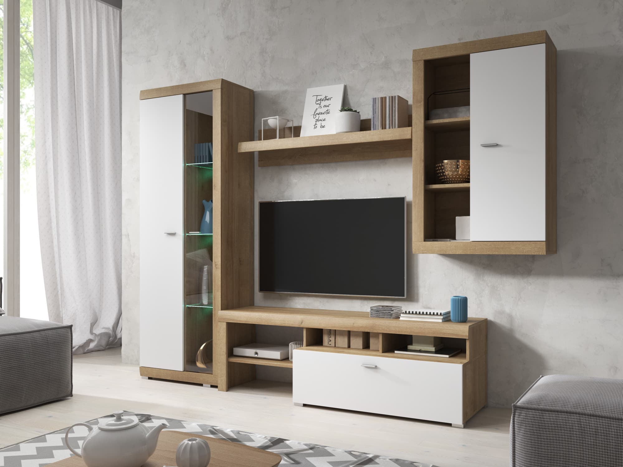 Obývací stěna STELLA, dub riviera/bílý mat