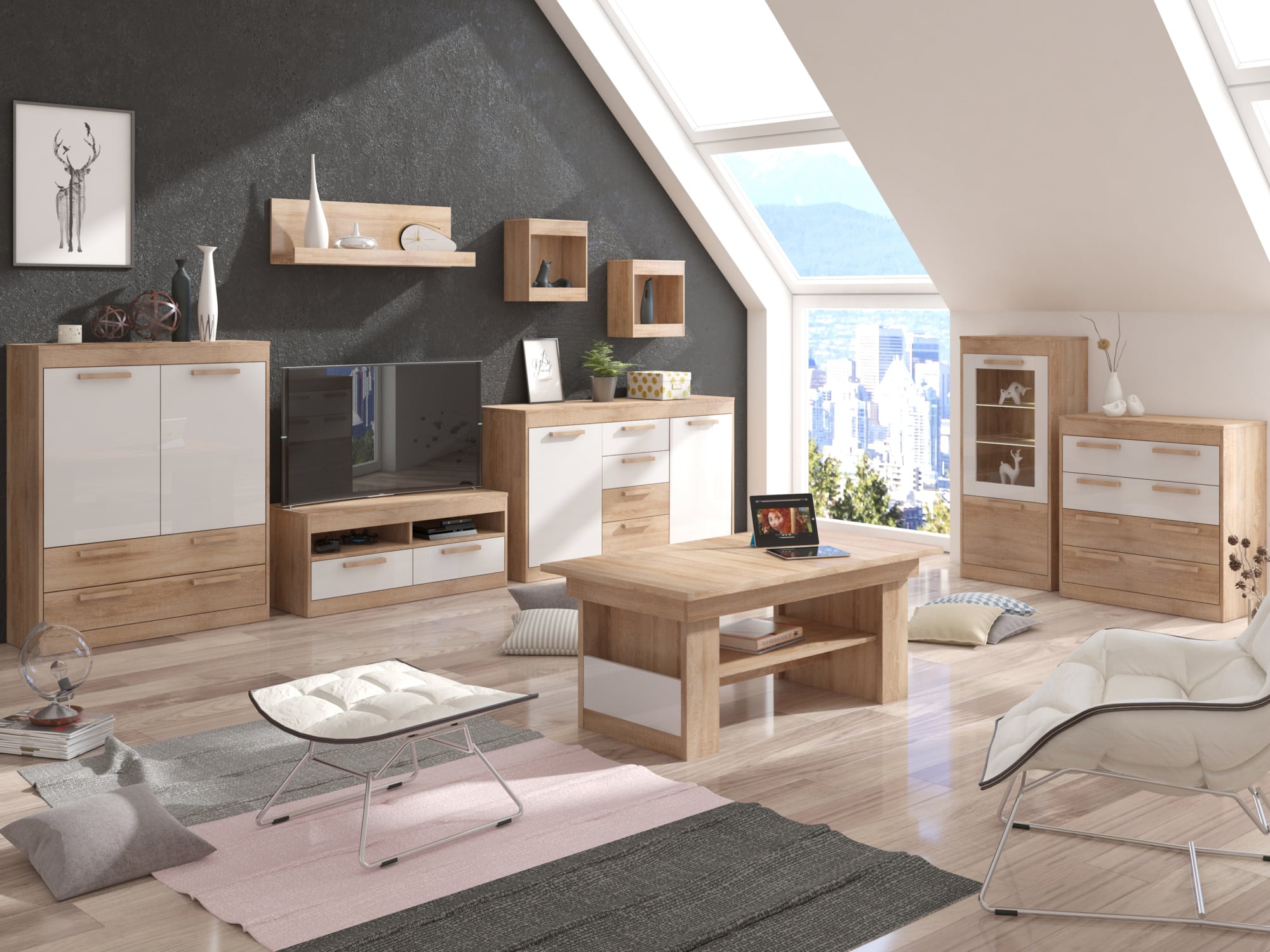 MAXIMUS obývací pokoj 6, dub sonoma/bílý lesk