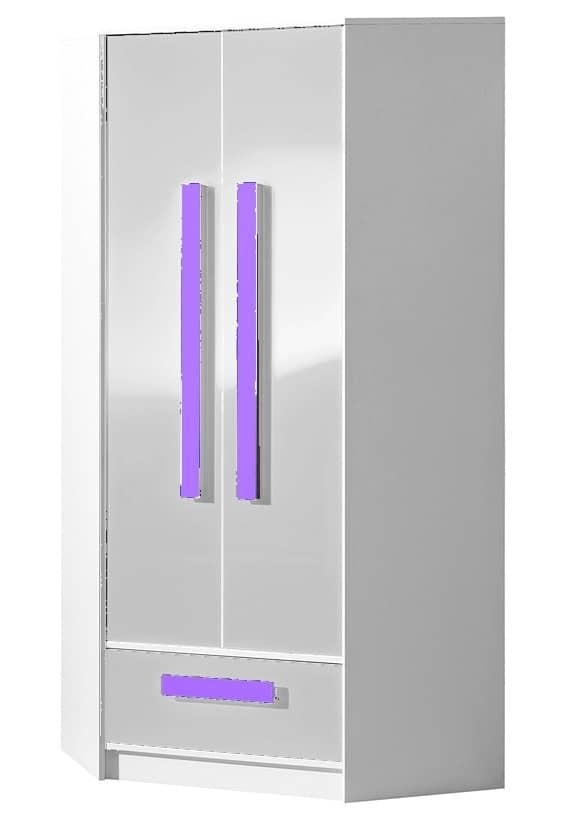 Šatní skříň rohová GULLIWER 2, bílý lesk/fialová