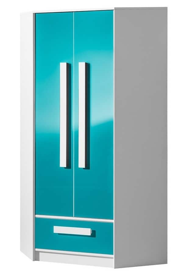 Šatní skříň rohová GULLIWER 2, bílá/tyrkys lesk