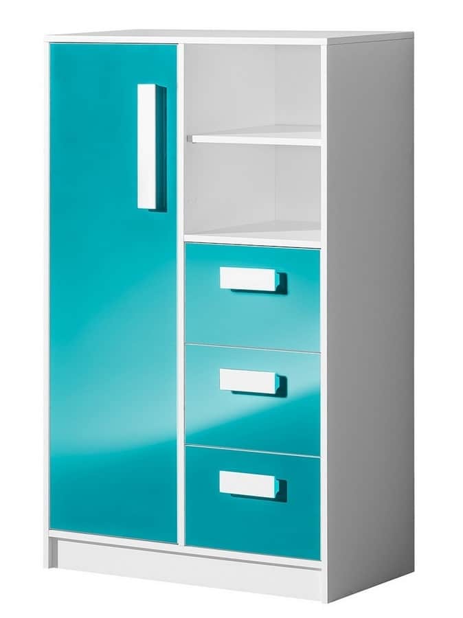 Komoda se zásuvkami GULLIWER 5, bílá/tyrkys lesk