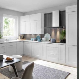 Rohová kuchyně PLATE PLUS 210x420/120 cm, korpus bílá alpská, dvířka bílá perlová