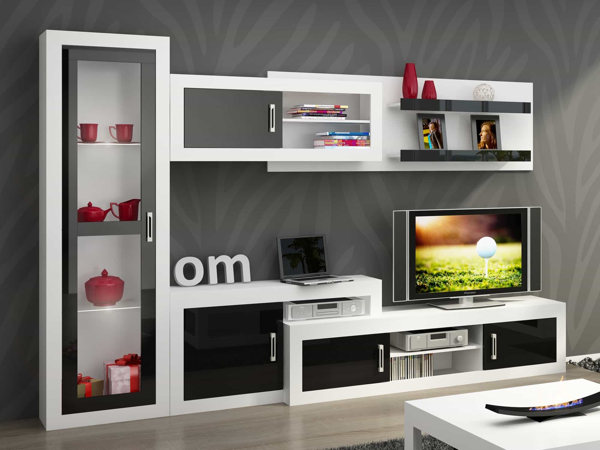 Obývací stěna VERIN 3, bílá/černý lesk