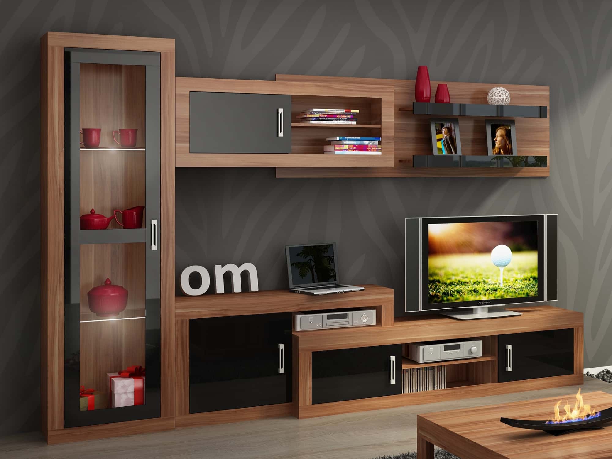 Obývací stěna VERIN 3, švestka wallis/černý lesk