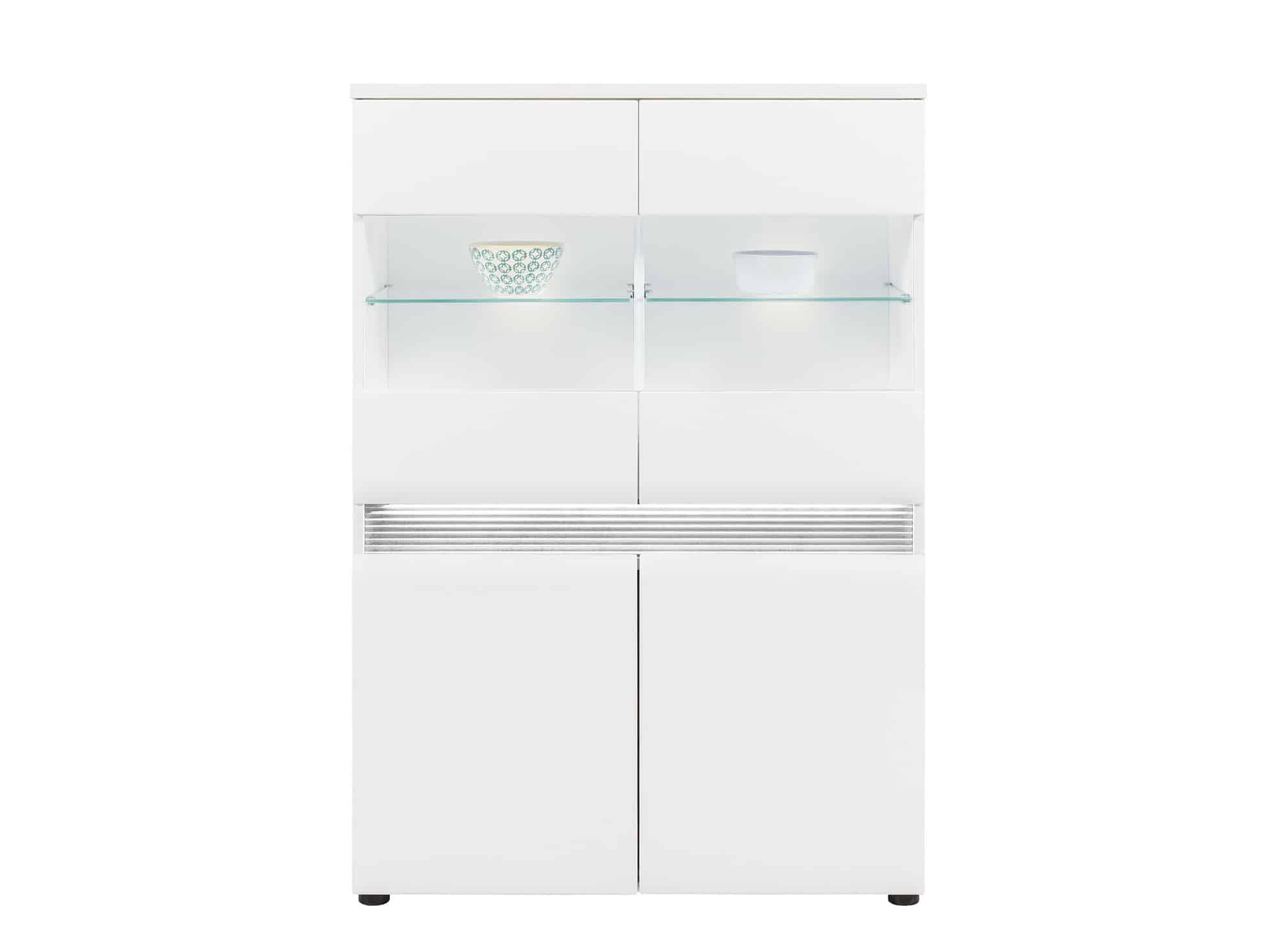 N4 - Vitrína NEO N4 s LED osvětlením, vysoký bílý lesk/beton