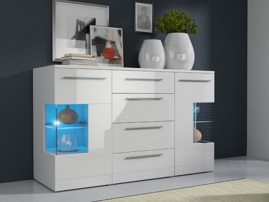 ROMA komoda s LED osvětlením, bílá/bílý lesk