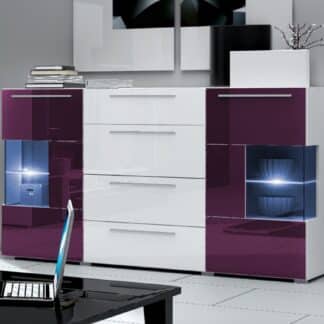 ROMA komoda s LED osvětlením, bílá/bílý + fialový lesk