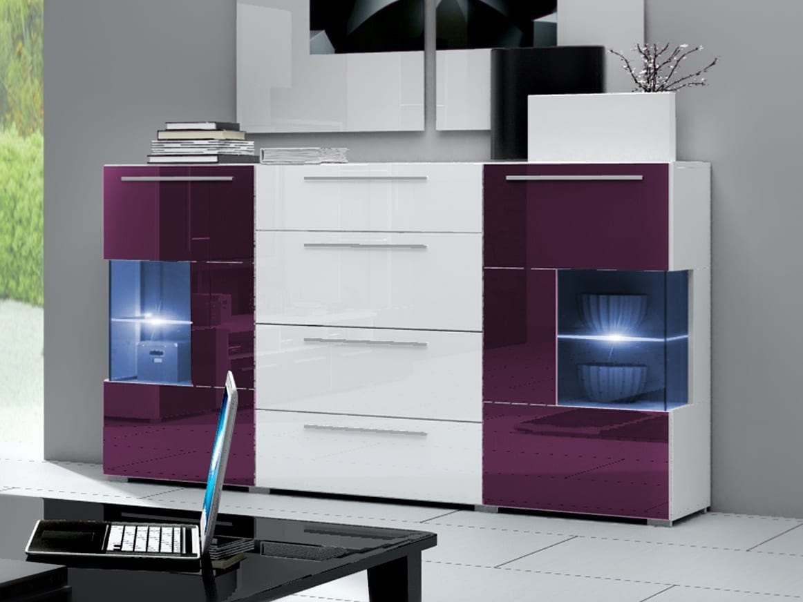 ROMA komoda s LED osvětlením, bílá/bílý + fialový lesk