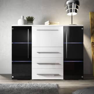 Komoda BARI s LED osvětlením, bílá/bílý lesk + černý lesk