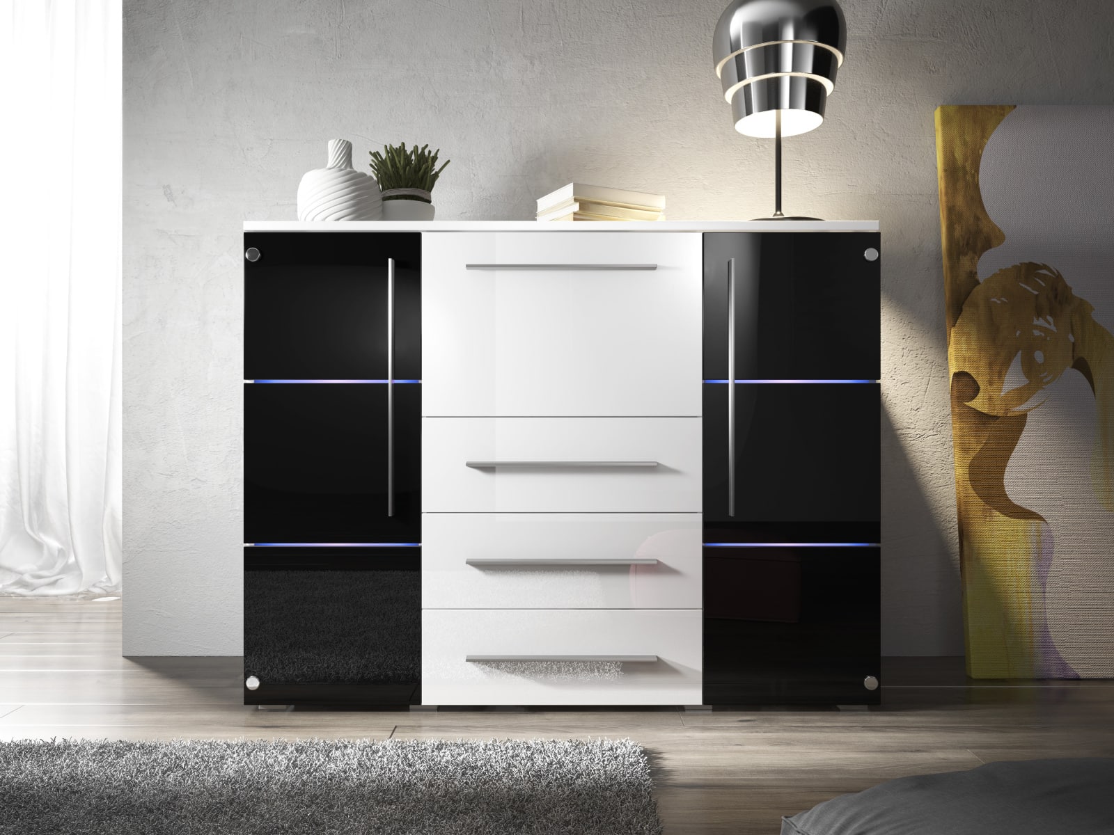 Komoda BARI s LED osvětlením, bílá/bílý lesk + černý lesk