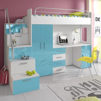 Patrová postel se skříní a psacím stolem RAJ 4S, bílá/tyrkysová