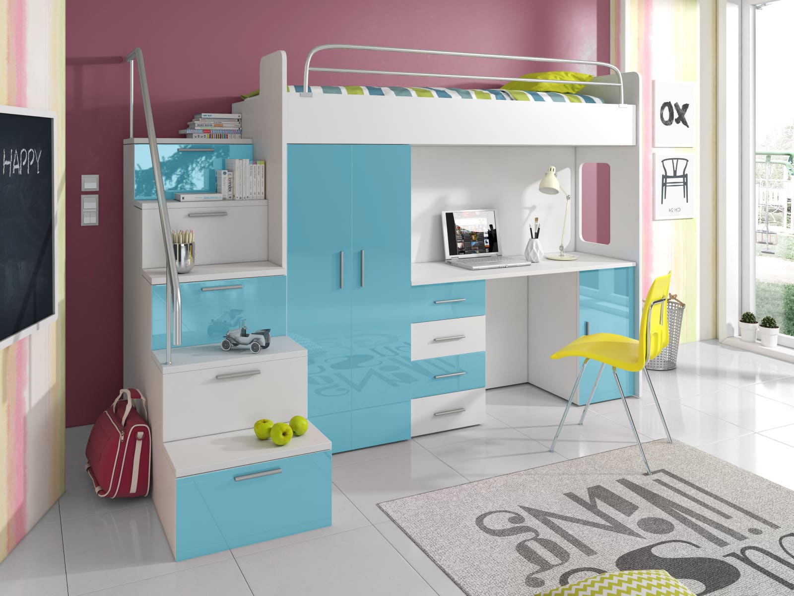 Patrová postel se skříní a psacím stolem RAJ 4S, bílá/tyrkysová