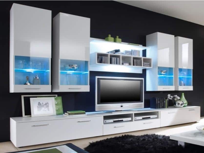 Obývací stěna ALFA II s LED osvětlením, bílá/bílý lesk