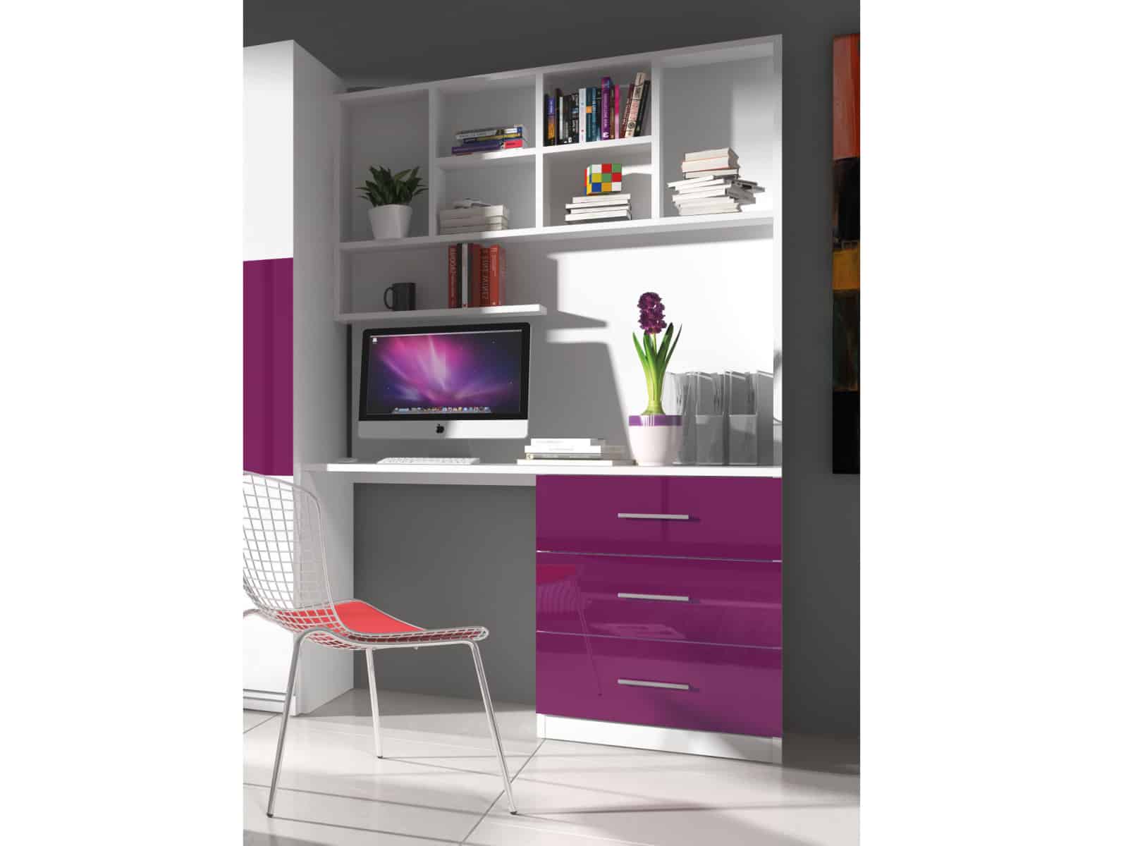 Regál s psacím stolem RAJ 3, bílá/fialový lesk