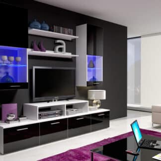 Obývací stěna MINI II s LED osvětlením, bílá/černý lesk