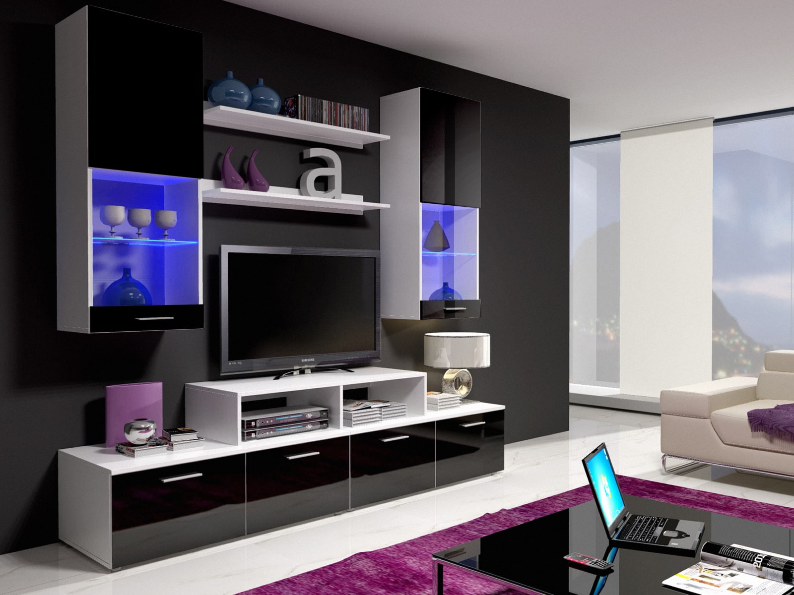 Obývací stěna MINI II s LED osvětlením, bílá/černý lesk