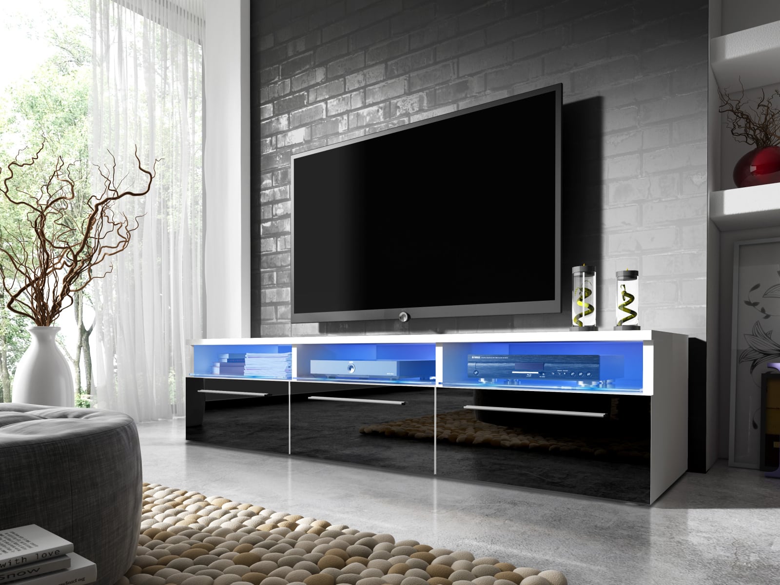 Televizní stolek RTV 2, bílá/černý lesk