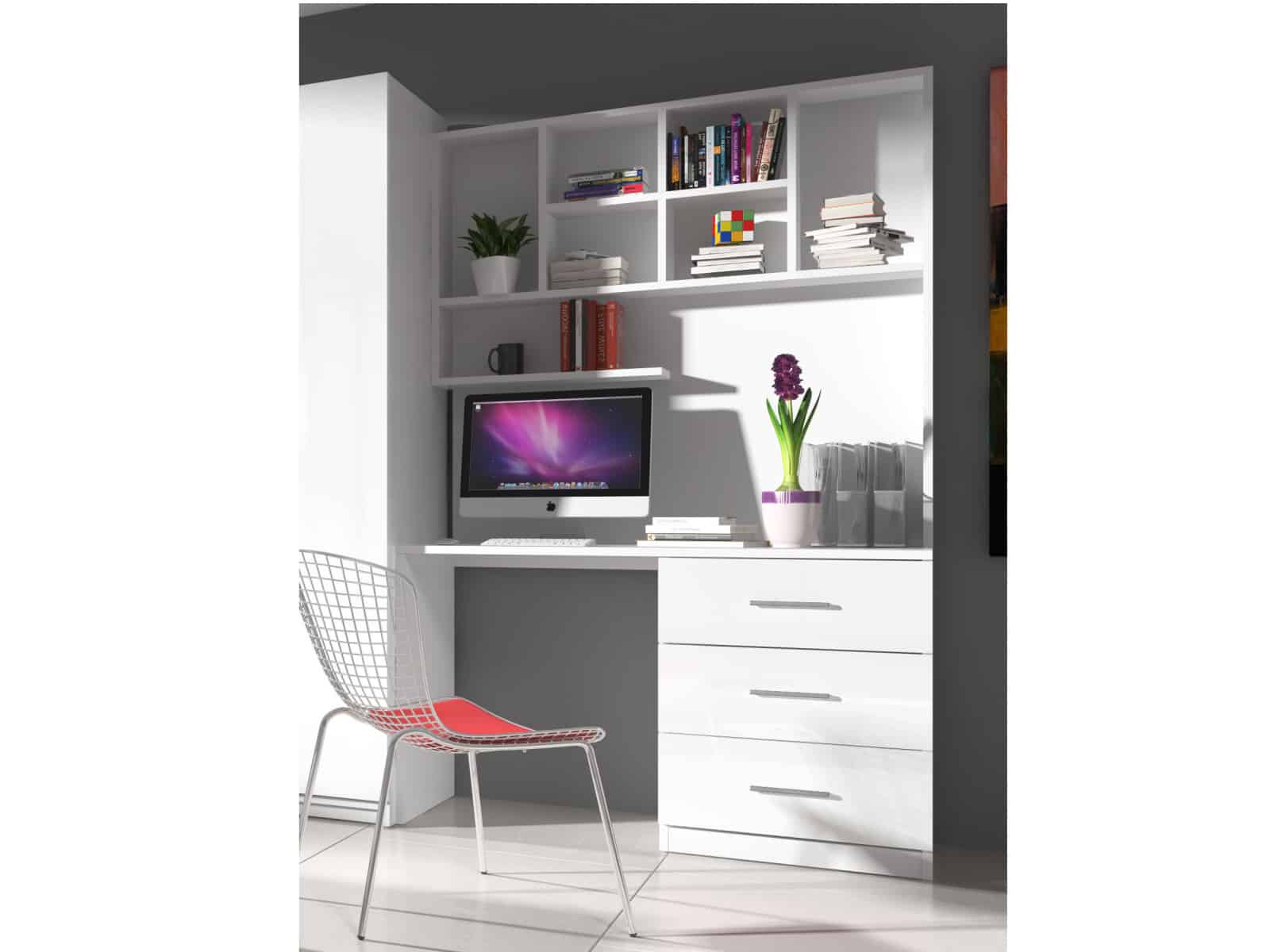 Regál s psacím stolem RAJ 3, bílá/bílý lesk