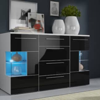 ROMA komoda s LED osvětlením, bílá/černý lesk