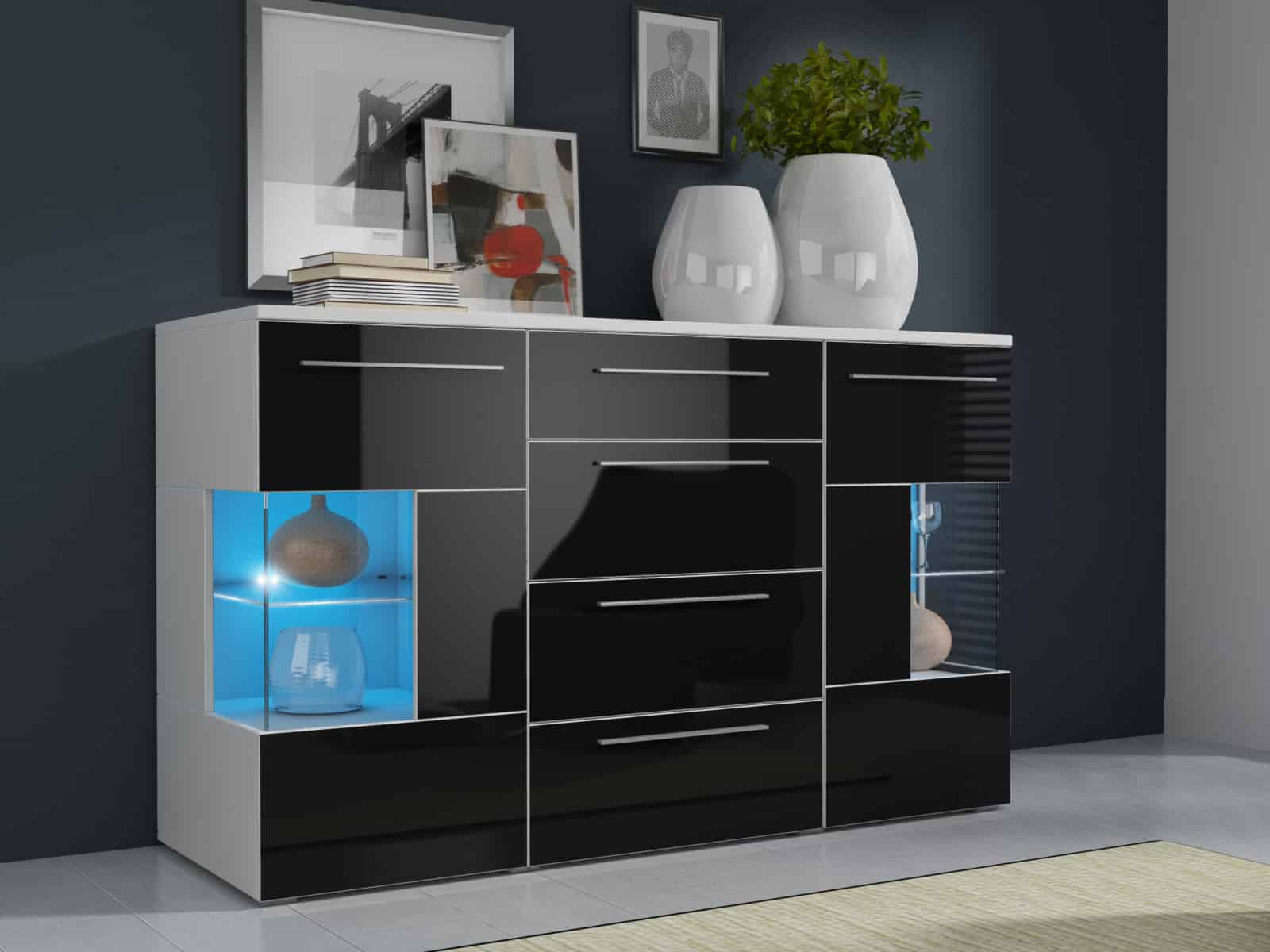 ROMA komoda s LED osvětlením, bílá/černý lesk