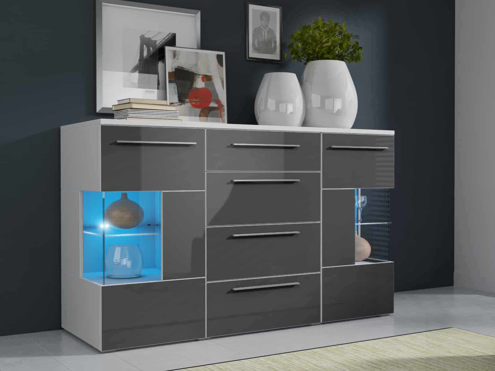 ROMA komoda s LED osvětlením, bílá/šedý lesk