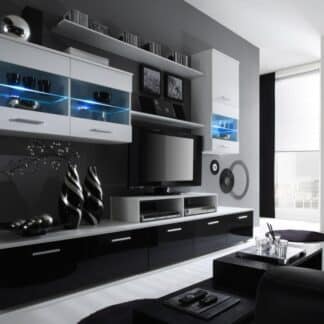 Obývací stěna BETA I s LED osvětlením, bílá/černý lesk