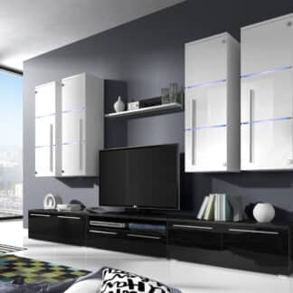 Obývací stěna BARI s LED osvětlením, bílá/bílý lesk + černý lesk