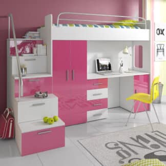 Patrová postel se skříní a psacím stolem RAJ 4S, bílá/růžová