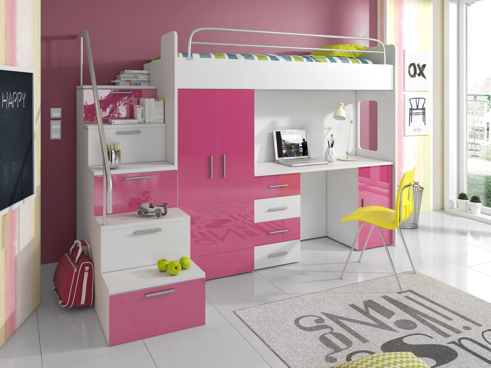 Patrová postel se skříní a psacím stolem RAJ 4S, bílá/růžová