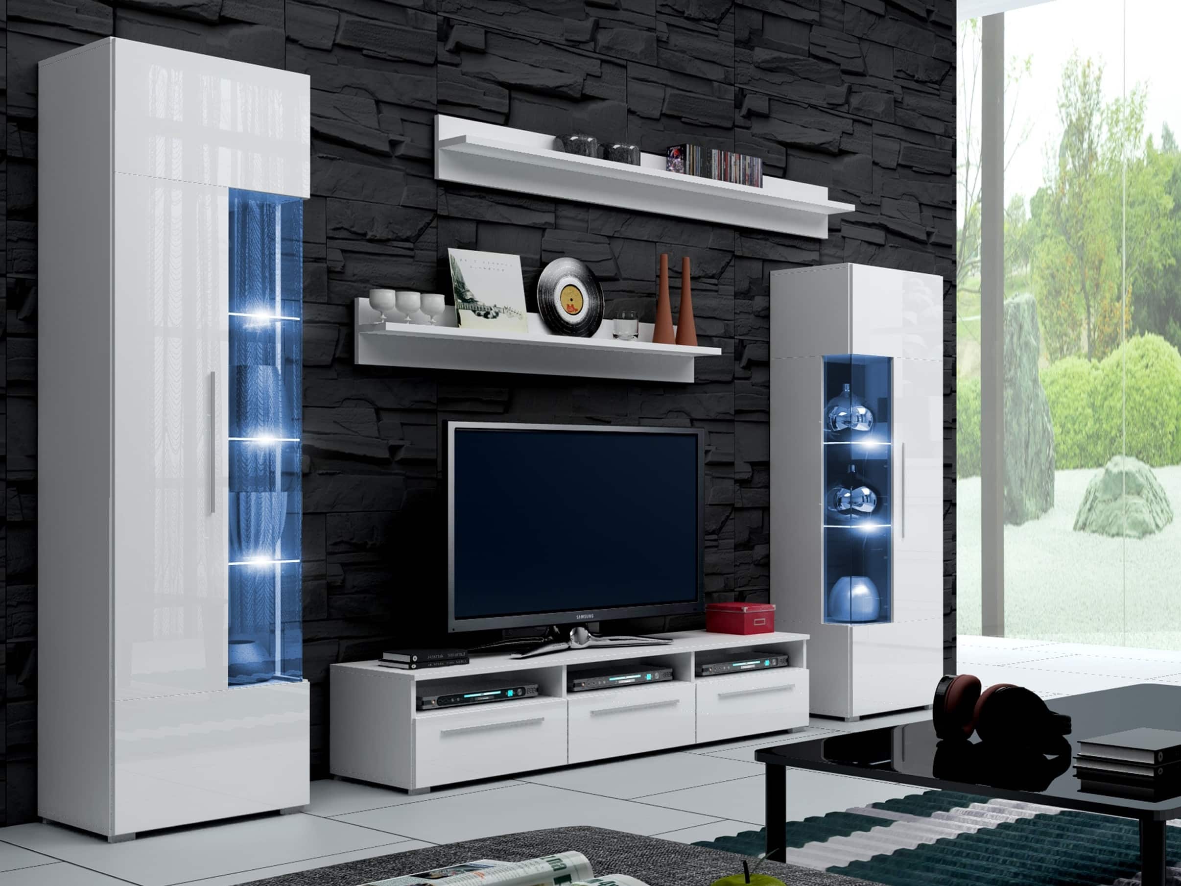 Obývací stěna ROMA I s LED osvětlením, bílá/bílý lesk