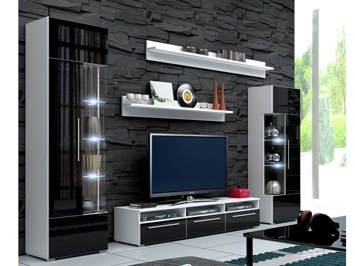 Obývací stěna ROMA I s LED osvětlením, bílá/černý lesk