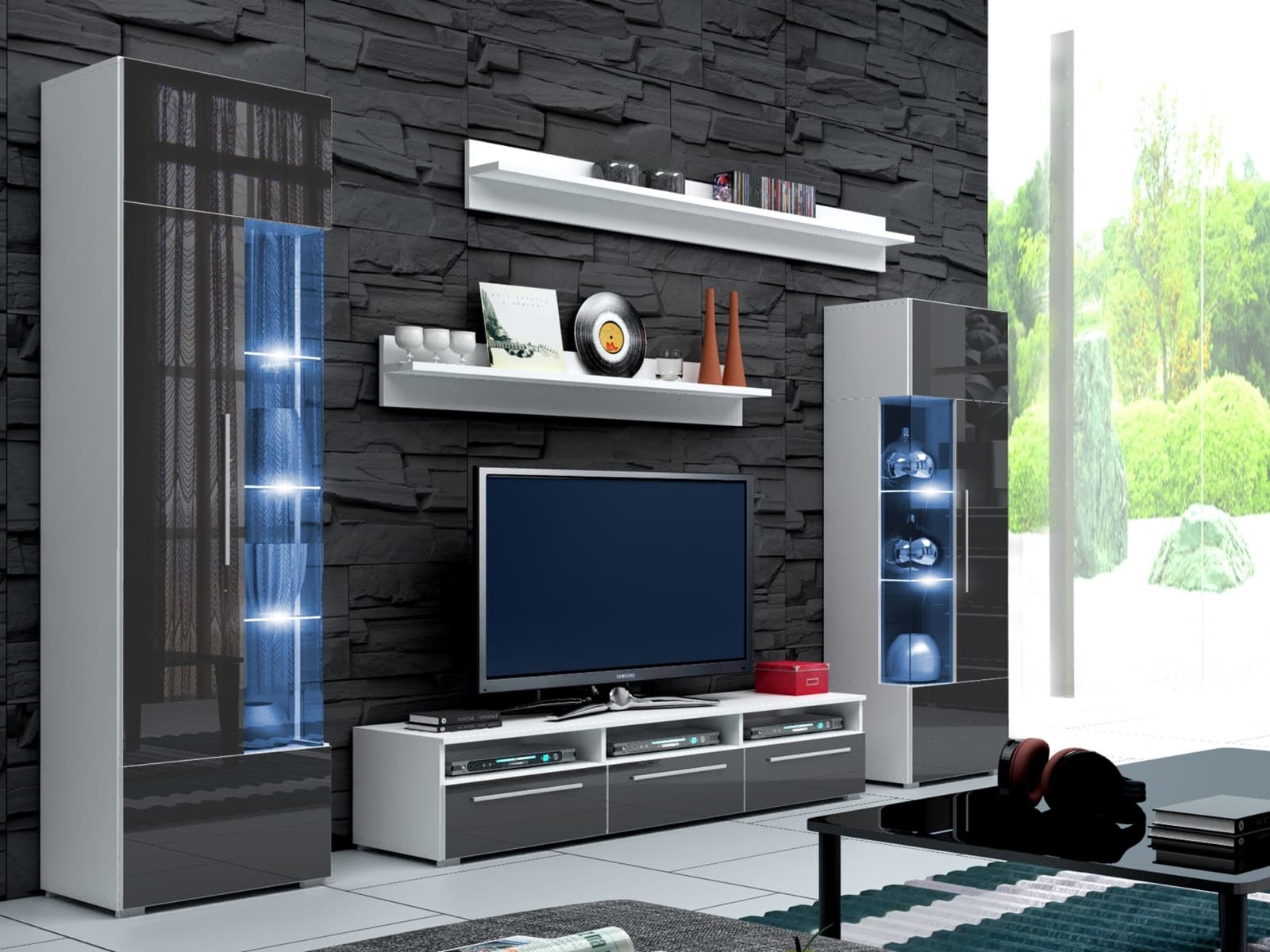 Obývací stěna ROMA I s LED osvětlením, bílá/šedý lesk