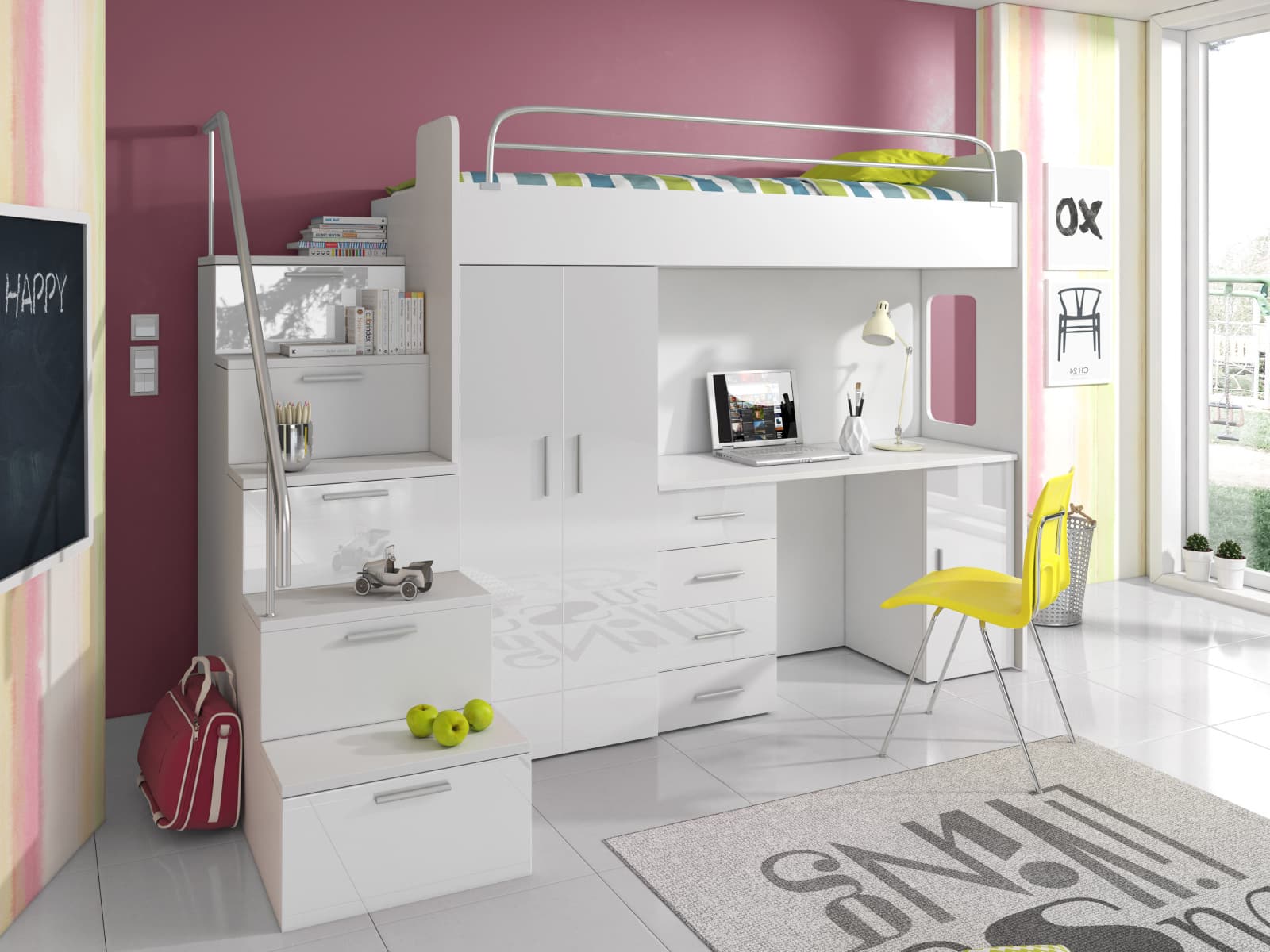 Patrová postel se skříní a psacím stolem RAJ 4S, bílá