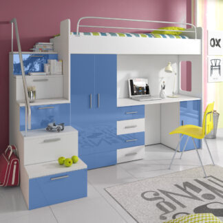 Patrová postel se skříní a psacím stolem RAJ 4S, bílá/modrá