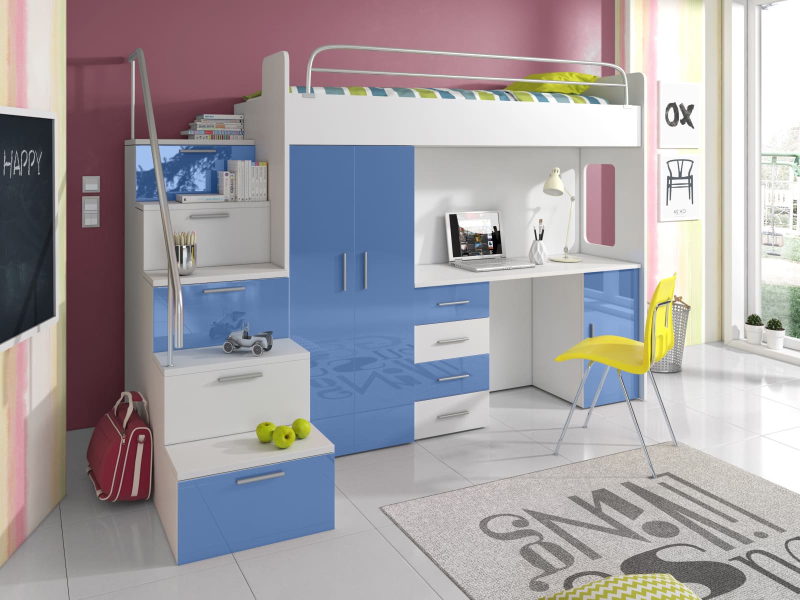 Patrová postel se skříní a psacím stolem RAJ 4S, bílá/modrá