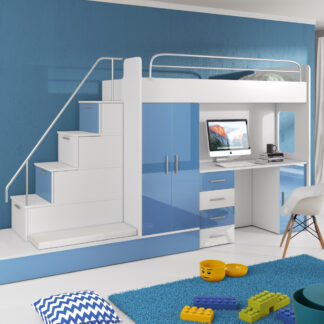 Patrová postel se skříní a psacím stolem RAJ 5, bílá/modrá