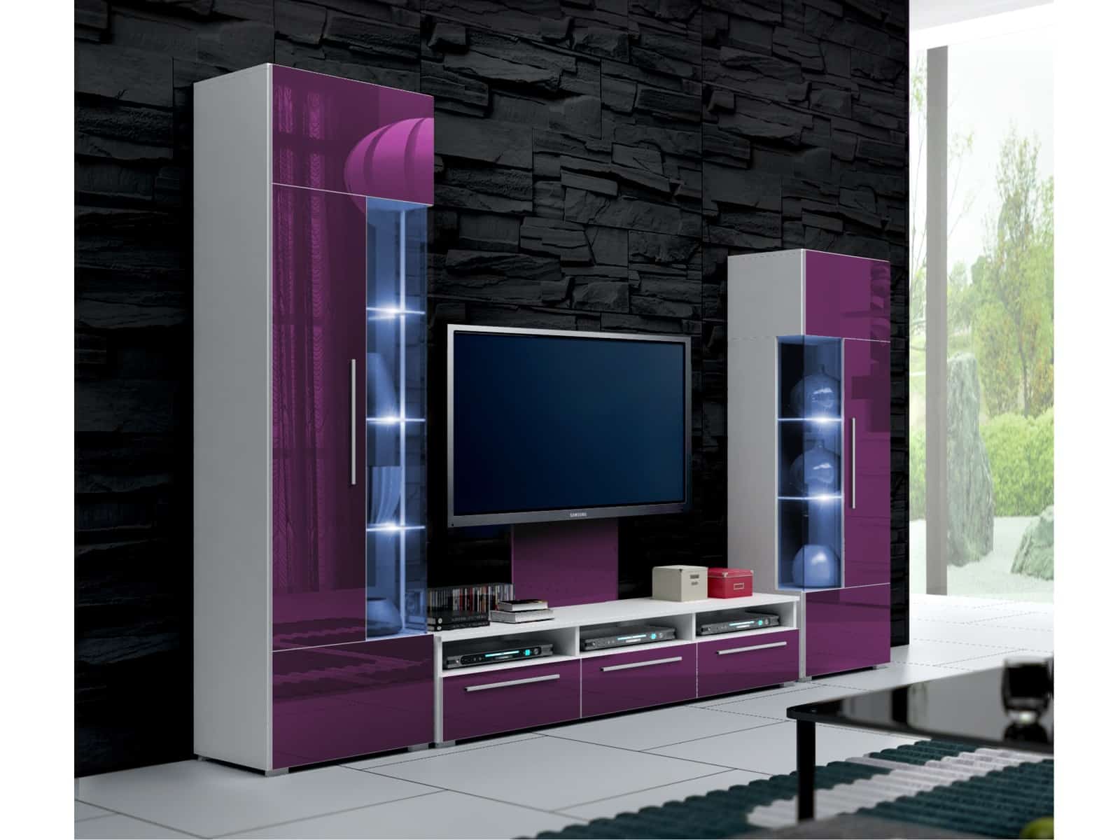 Obývací stěna ROMA II s LED osvětlením, bílá/fialový lesk