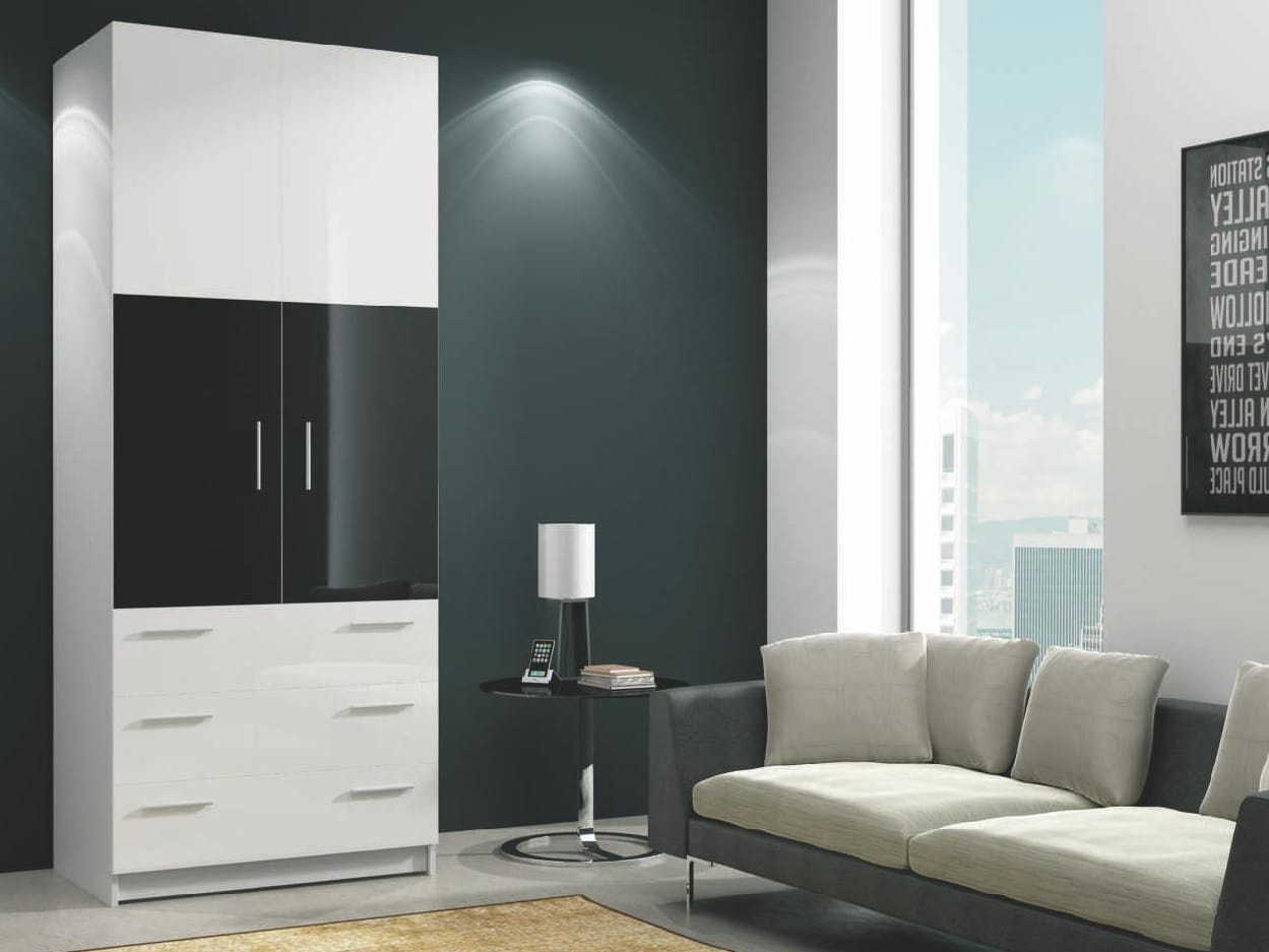 ROMA šatní skříň se zásuvkami, bílá/černý lesk