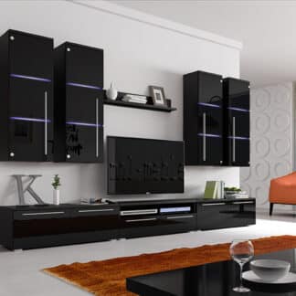 Obývací stěna BARI s LED osvětlením, černá/černý lesk