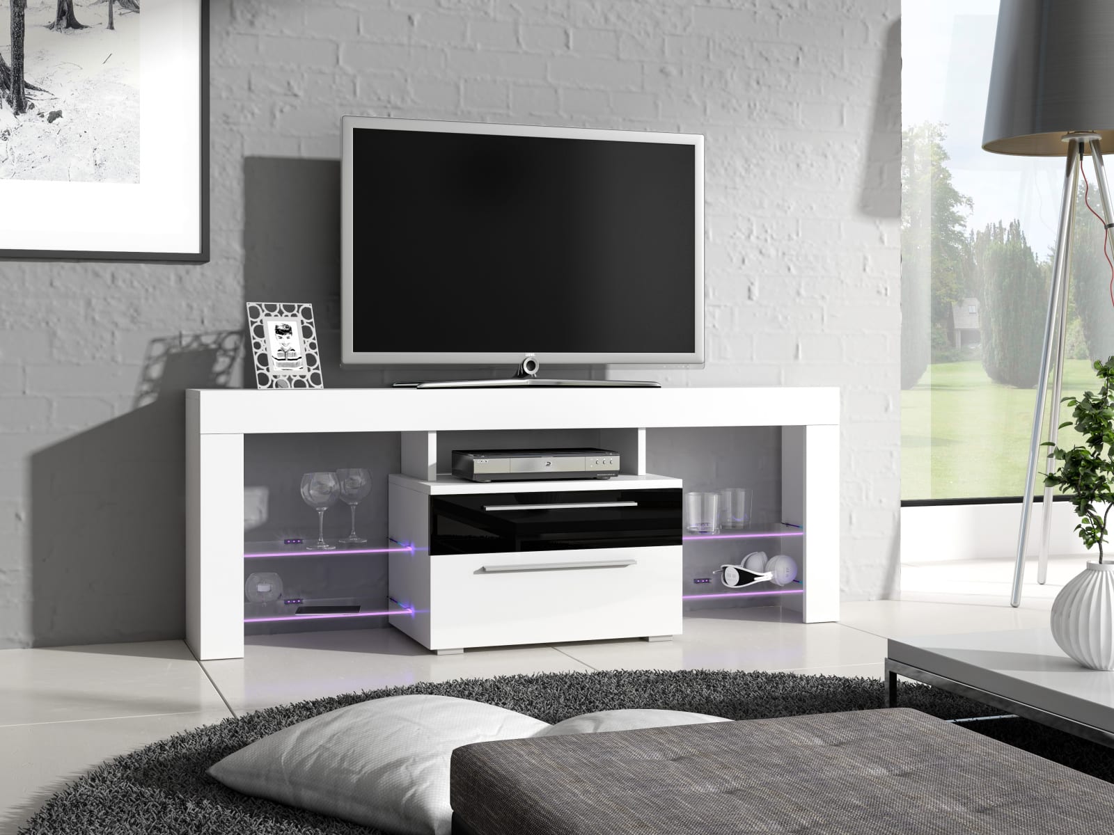 Televizní stolek HAVANA Plus, bílá/černý lesk