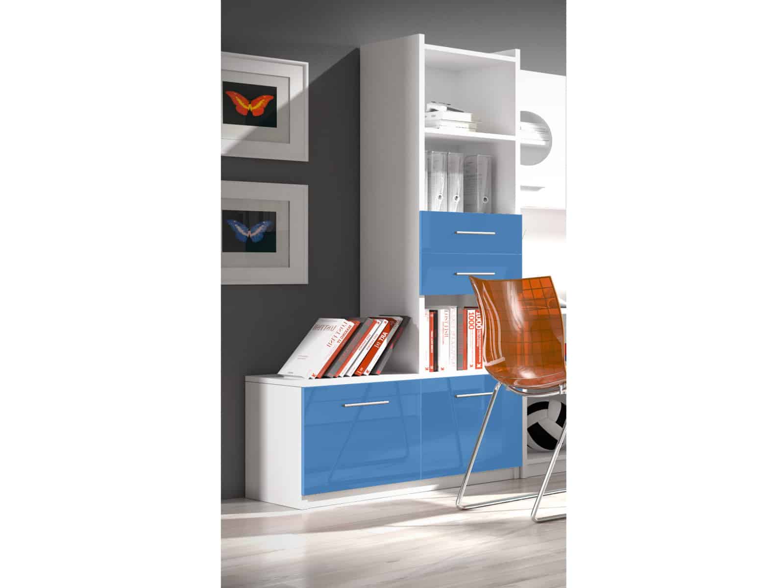 Regál RAJ 1, bílá/modrý lesk