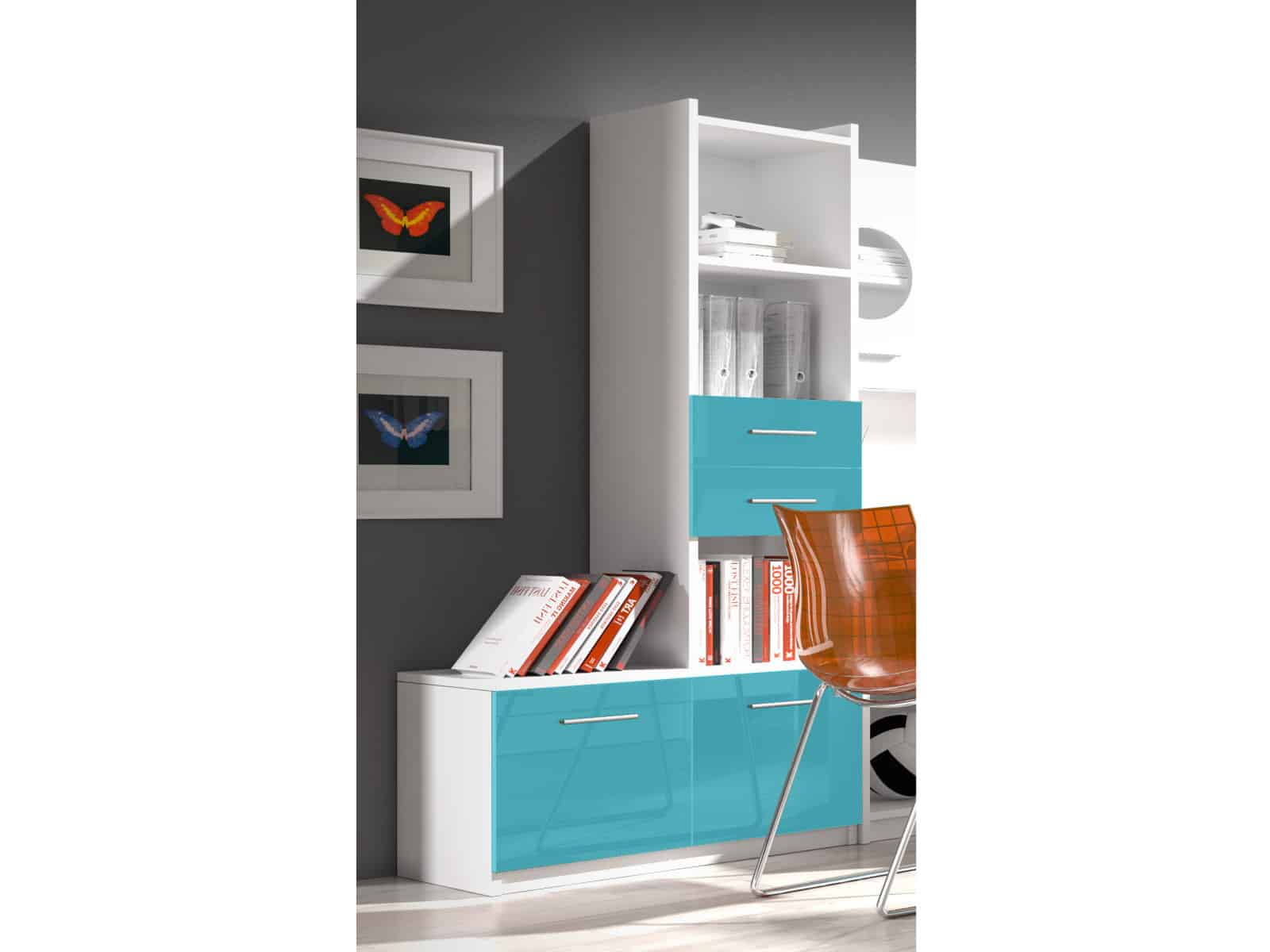Regál RAJ 1, bílá/tyrkysový lesk