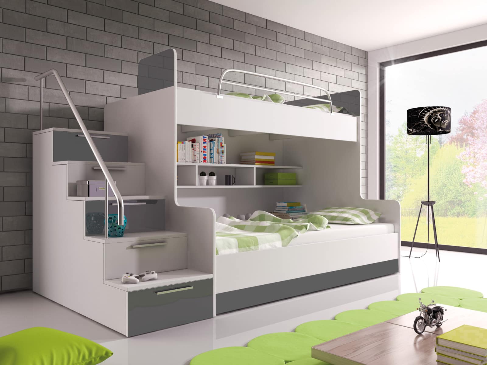 Patrová postel RAJ 2 levá, bílá/šedý lesk