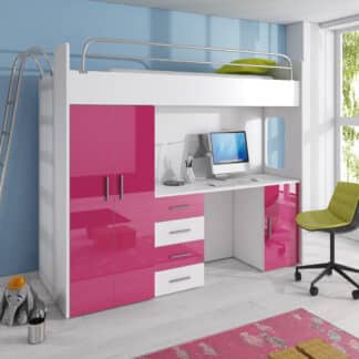 Patrová postel se skříní a psacím stolem RAJ 4D, bílá/růžová