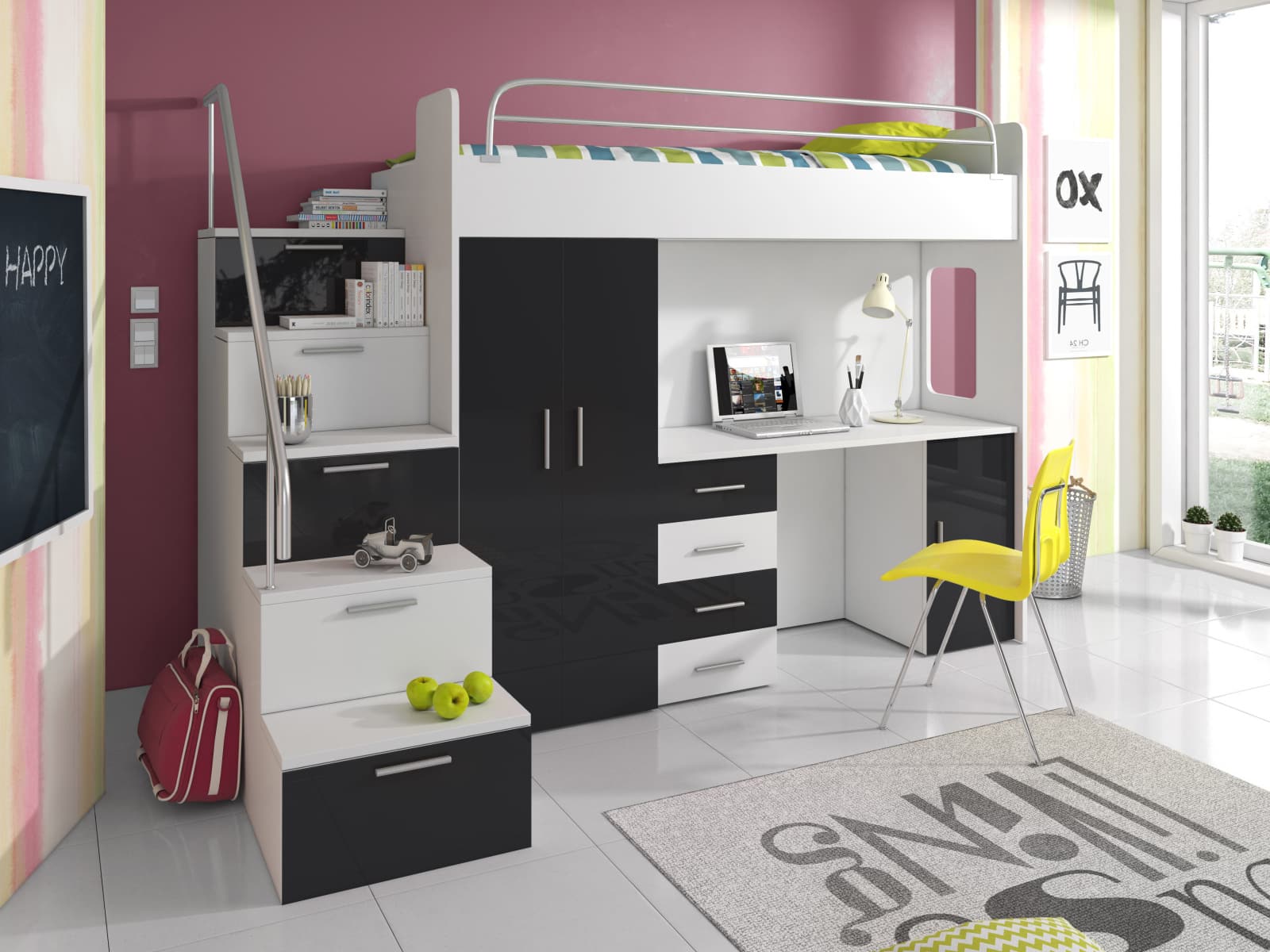Patrová postel se skříní a psacím stolem RAJ 4S, bílá/černá