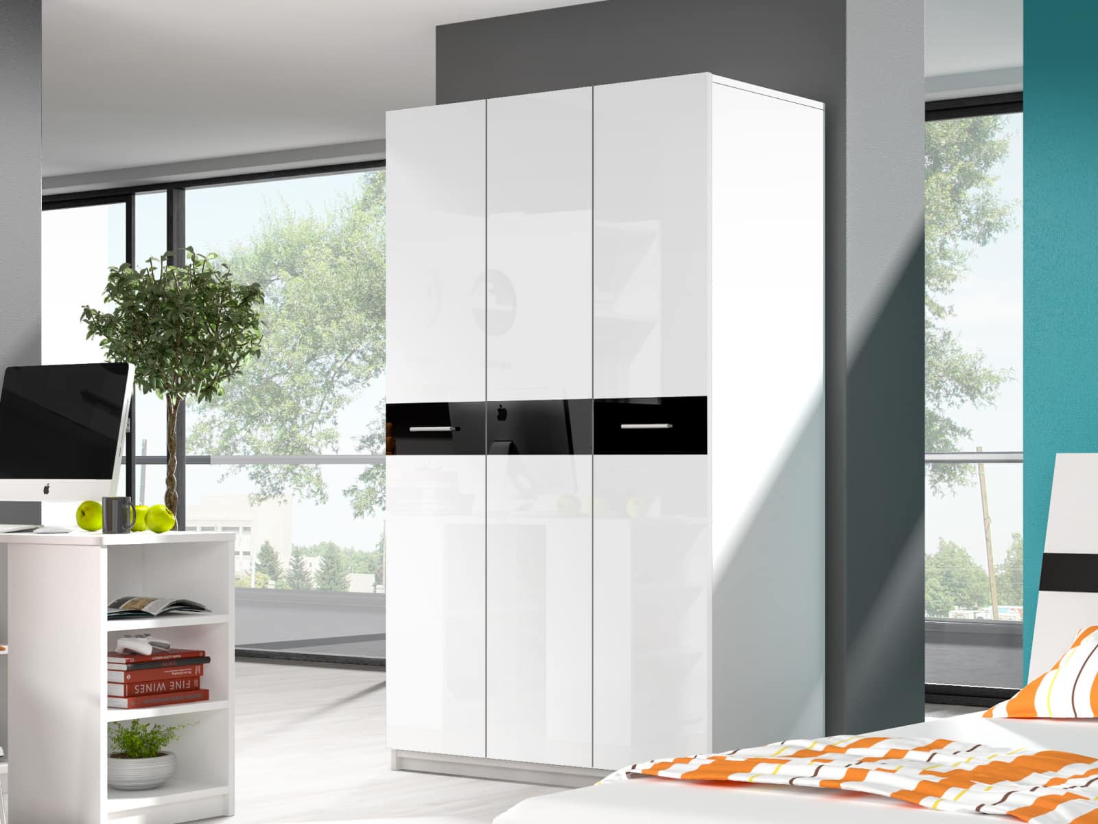 Šatní skříň RAJ 1, bílá/černý lesk