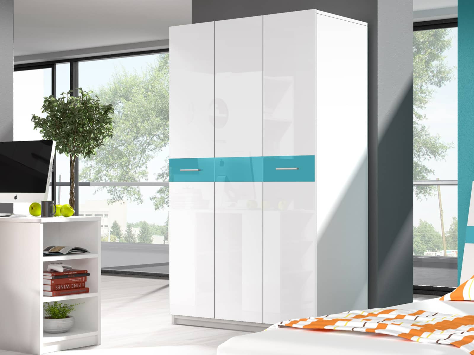 Šatní skříň RAJ 1, bílá/tyrkysový lesk