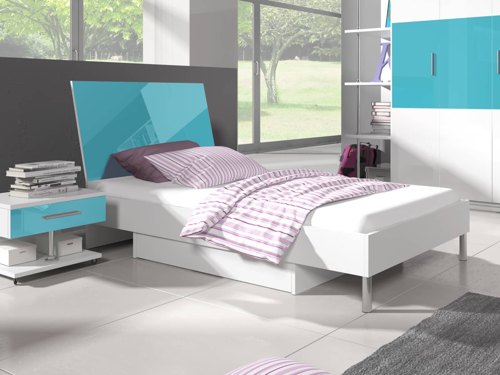 Postel 90x200 cm RAJ 3, bílá/tyrkysový lesk