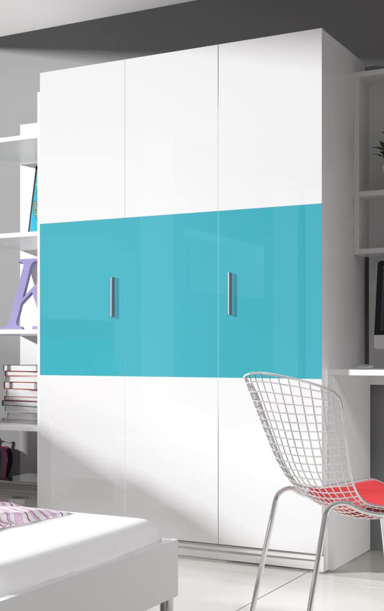 Šatní skříň RAJ 3, bílá/tyrkysový lesk