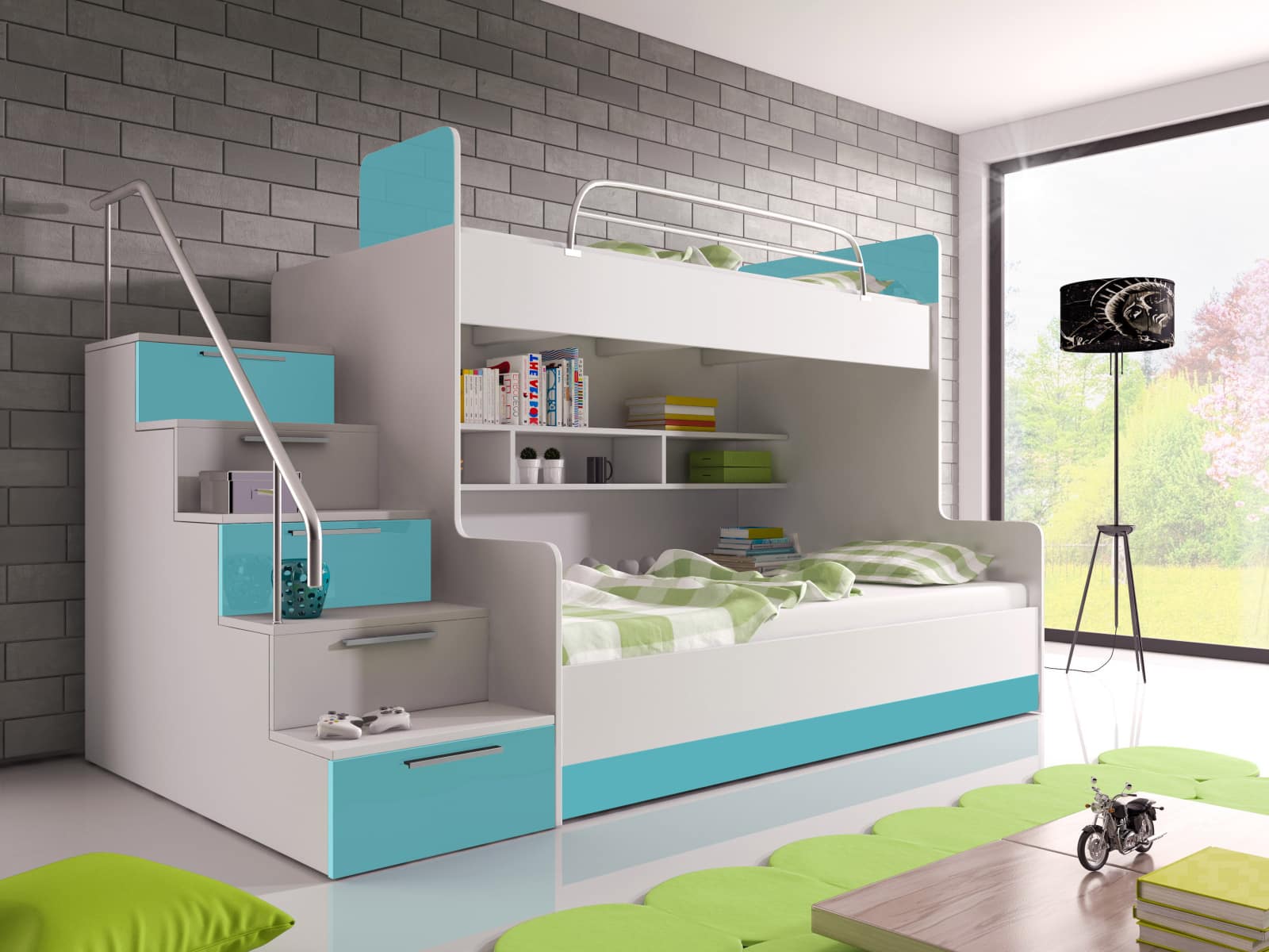 Patrová postel RAJ 2 levá, bílá/tyrkysový lesk